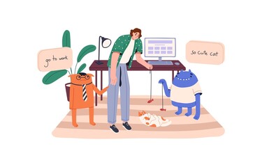 Procrastination concept. Person procrastinating, delaying work, choosing to play with cute cat at home office. Lazy irresponsible employee. Flat vector illustration isolated on white background