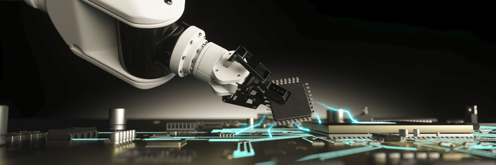 Futuristic robot arm working with electronic circuit boards and processors concept 3d render