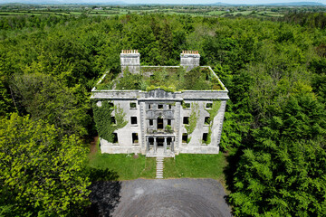 A big ruin house covered ivy and surrounded by a forest , Moore Hall is located in county Mayo...