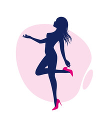 Vector woman standing in high heels on one leg holding the other leg. Isolated on white background.