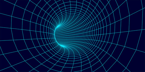 Naklejka premium Wireframe abstract tunnel. 3D tunnel grid. Futuristic 3d portal. Network cyber technology. Vector illustration.