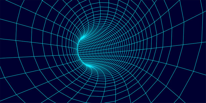 Fototapeta Wireframe abstract tunnel. 3D tunnel grid. Futuristic 3d portal. Network cyber technology. Vector illustration.