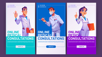 Online medical consultations banners with doctors, hospital or clinic professional staff. Vector social media template of telemedicine, digital service for health consult and diagnosis - obrazy, fototapety, plakaty