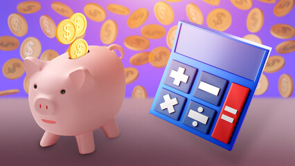 Saving money, wealth and financial concepts. Income calculation. The calculator is next to the piggy bank. Gold coins are all around. Financial reserves. 3d image