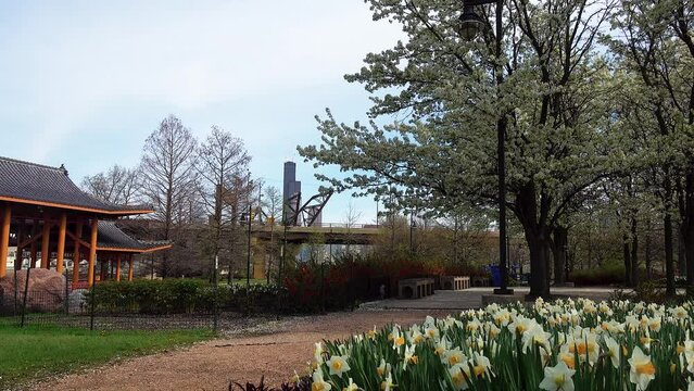 Chicago Asian Community Park With Sring Flowers and Blooming Trees