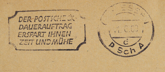 post letter mail brief vintage retro alt old slogan webrung postscheck dauerauftrag erspart mühe und zeit 1960 braun text