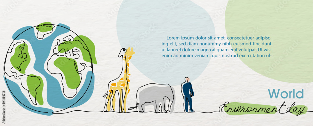 Wall mural poster's campaign of world environment day in one line and flat style with vector design.