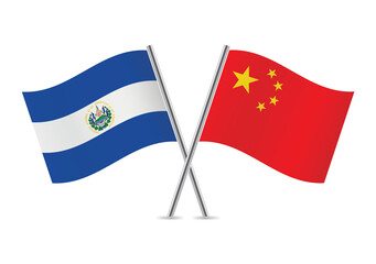 El Salvador and China crossed flags. Salvadoran and Chinese flags on white background. Vector icon set. Vector illustration.