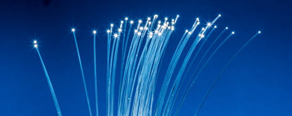 Bundle of optical fibers with lights in the ends. Blue background.