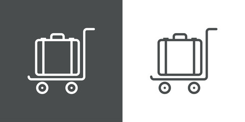 Logo luggage cart. Icono con silueta de maleta en carrito para equipaje en aeródromo con líneas en fondo gris y fondo blanco
