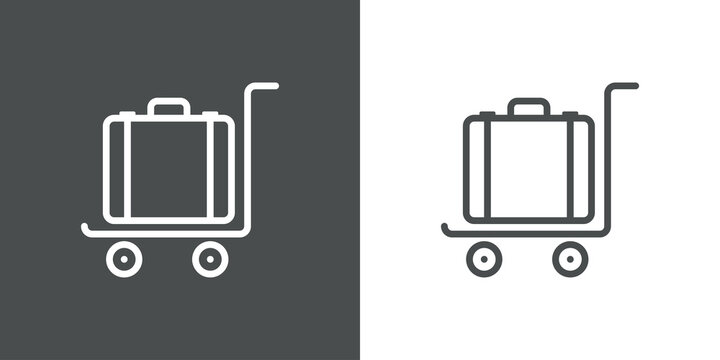 Logo luggage cart. Icono con silueta de maleta en carrito para equipaje en aer&oacute;dromo con l&iacute;neas en fondo gris y fondo blanco