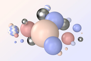 Funny floating spheres 3d rendering decorative backdrop different sizes and colors. Abstract balls object composition background