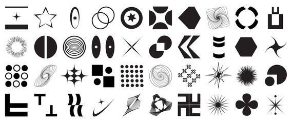 Collection of geometric shapes on white background. Abstract black color icon element of star, sparkling, different shapes, dot pattern, sun. Icon graphic design for decoration, logo, business, ads.