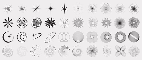 Collection of geometric shapes on white background. Abstract black color icon element of star, sparkling, different shapes, dot pattern, sun. Icon graphic design for decoration, logo, business, ads.