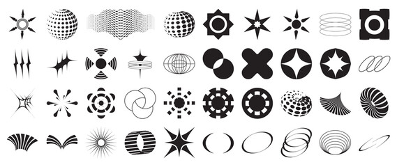 Collection of geometric shapes on white background. Abstract black color icon element of star, sparkling, different shapes, dot pattern, sun. Icon graphic design for decoration, logo, business, ads.