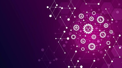 Fototapeta premium Vector background frame for icons, digital communication symbols, social networks. Design mechanisms, gears. Texture hexagons, dots. Plexus lines, mobile network. Sphere particles. Poster business.