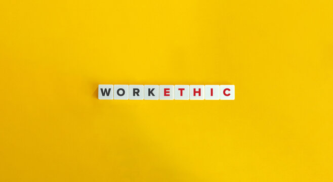 Work Ethic Banner. Letter Tiles on Yellow Background. Minimal Aesthetics.
