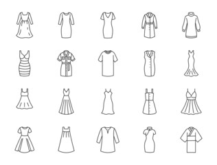 Clothes dresses doodle illustration including icons - modern sexy garment, evening, cheongsam, japanese kimono, sundress, bondage, safari. Thin line art about woman gown apparel. Editable Stroke - obrazy, fototapety, plakaty