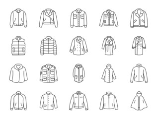 Outerwear clothes doodle illustration including icons - waterproof raincoat, windbreaker, peacoat, parka, wind cheater, tracksuit, motorbike jacket. Thin line art about apparel. Editable Stroke