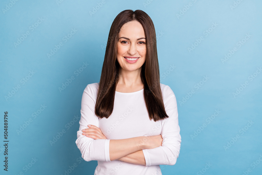 Sticker photo of hr mature brunette lady crossed palms wear white pullover isolated on blue color background