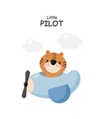 Cute Tiger is flying on a plane. Cartoon style. Vector illustration. For card, posters, banners, children books, printing on the pack, printing on clothes, fabric, wallpaper, textile or dishes.