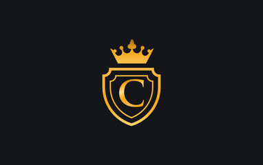 Golden Crown and shield logo and symbol design vector with the letter C