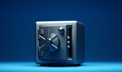 Open metallic, iron, steel safe with padlock on navy blue background - obrazy, fototapety, plakaty
