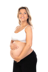 Young beautiful blonde woman pregnant expecting baby over isolated white background with a happy and cool smile on face.