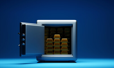 Open metallic, iron, steel safe with stacks of golden bars, money or deposit - obrazy, fototapety, plakaty