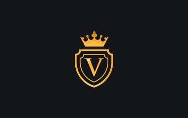 Golden Crown and shield logo and symbol design vector with the letter V