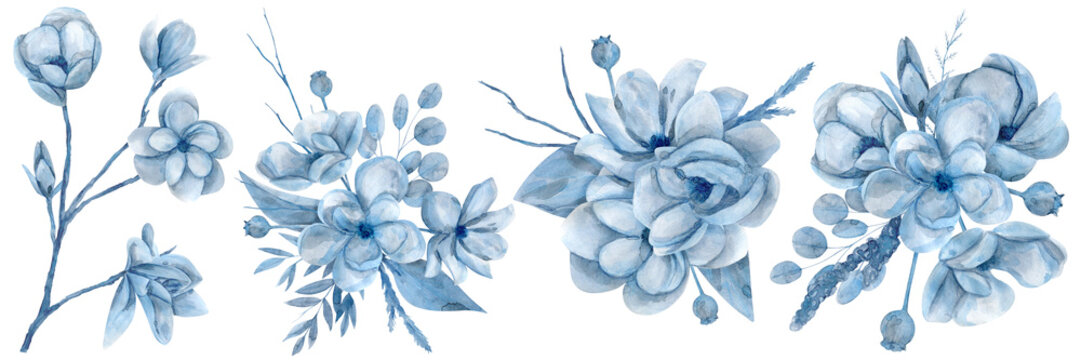 Watercolor hand drawn set illustration with blue magnolia flowers