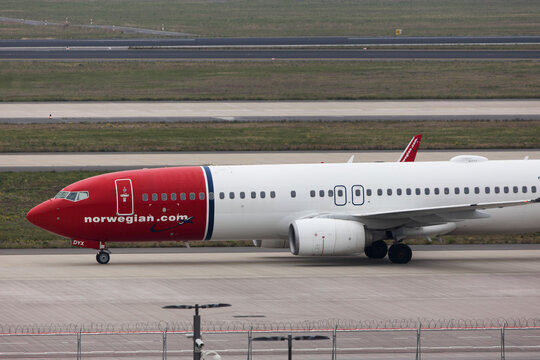 berlin,berlin /germany - 24 04 2022: an norwegian airplane at the berlin brandenburg airport ber
