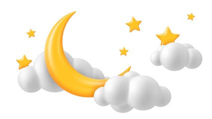 3d yellow moon and stars in white clouds