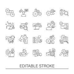 Business automation line icons set. Goals achieving, purchases order and delivery. Business optimization concepts.Isolated vector illustrations.Editable stroke