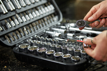 Man hand open set box with working tools different types of metal steel heads and bits at the...