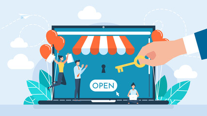 Grand opening concept. New online store, website, account. The man opens the lock with a key. Opening store. The ceremony, celebration, presentation, and event. Flat business illustration