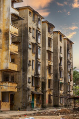 Close-up of residential buildings in an abandoned old residential area