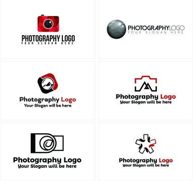 Modern set of photography logos template with various symbol camera such as combination lens mountain and leaf line art vector illustration