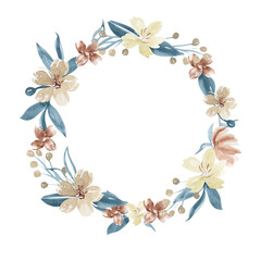 Floral wreath with watercolor flowers and leaves illustrations. Frame for invitations, wedding, cards, decor and design. Isolated on white design. 