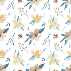 Seamless pattern with watercolor hand drawn flowers illustrations in vintage style. Pattern for decor, design, textile, fabric, wallpapers, wrapping paper. 