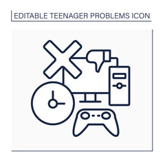 Teenage problem line icon. Spending too much time in virtual reality space. Computer gaming. Bad influence. Social issue concept. Isolated vector illustration. Editable stroke