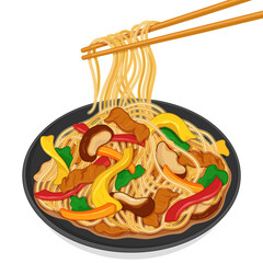 Korean japchae or chapchae (Stir-fried glass noodles and vegetables) illustration vector.