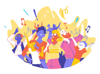 Group of happy people is celebrating together a special event. Happy family enjoy concert, music festival, party, show, performance, recital. Vector illustration - 504893986