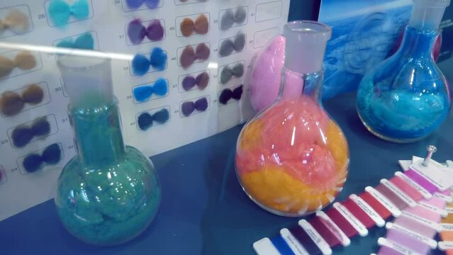 Samples of plastic fibers of various colors, for the production of threads