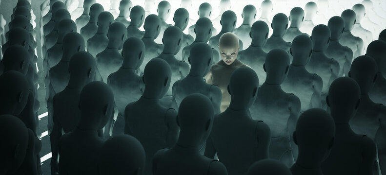 Angry Rebel Women Unique Leader Figure Individuality Dystopian Crowd of People 3d illustration render