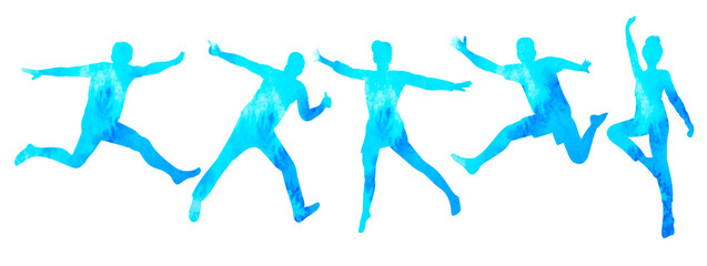 people jumping watercolor silhouette, on white background, isolated, vector