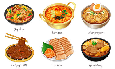 Korean food set menu isolated on white background illustration vector. (Japchae, Ramyeon, Naengmyeon, Bulgogi BBQ, Bossam and Gamjatang)