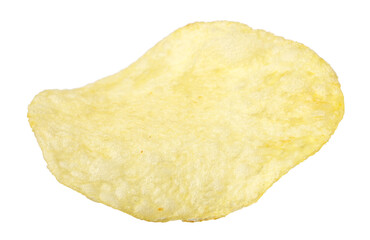 Single potato chip isolated on white background.