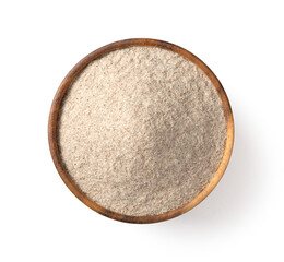 Raw rye flour in the wooden bowl, isolated on white background, top view. - 504895933