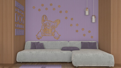 Modern living room in purple and wooden tones, velvet sofa with pillows, panel in the background with french bulldog image, carpet, parquet floor. Pendant lamp, paws. Interior design